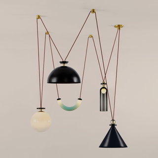 5 Piece Chandelier (Blackened steel cone/Blackened steel hemisphere   Currant)
