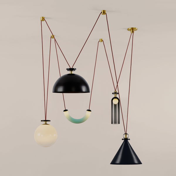 5-Piece Chandelier (Blackened steel cone/Blackened steel hemisphere - Currant)